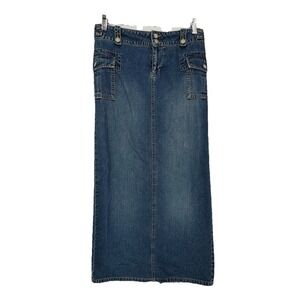 Old‎ Navy Womens Size 2 Y2K Denim Maxi Skirt Cargo Patch Pockets Blue Jean Midi